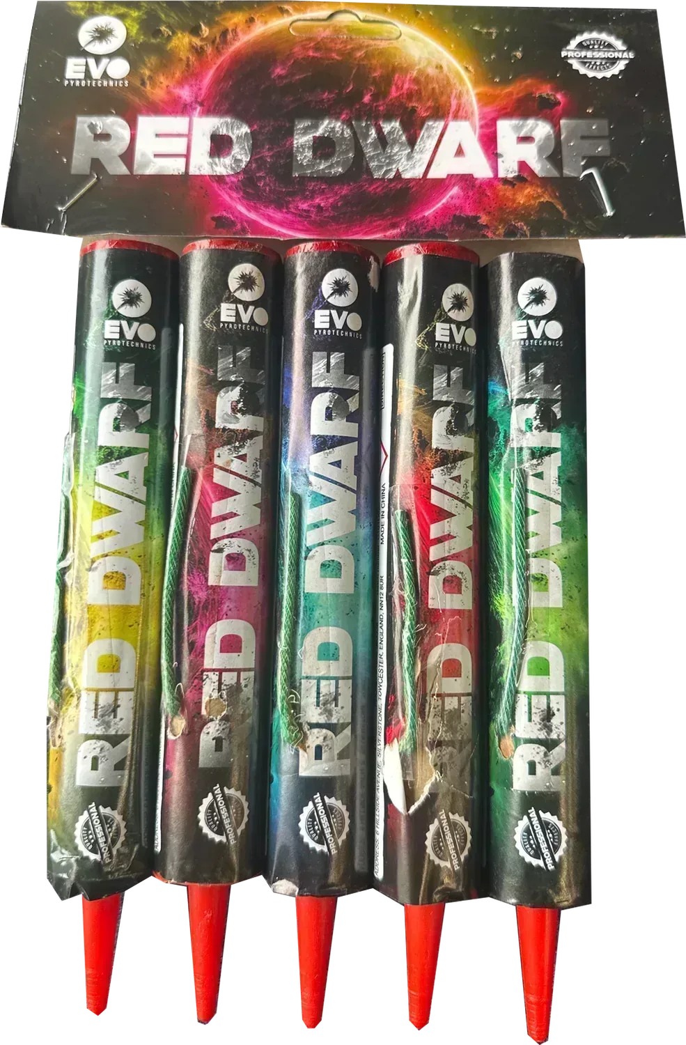 Red Dwarf pack of 5 single shot firework candles by Evolution Fireworks.