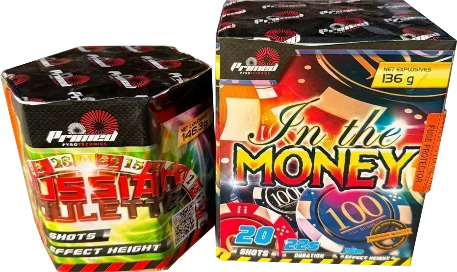 The Russian Roulette and In The Money 1.3G garden firework cakes double deal.