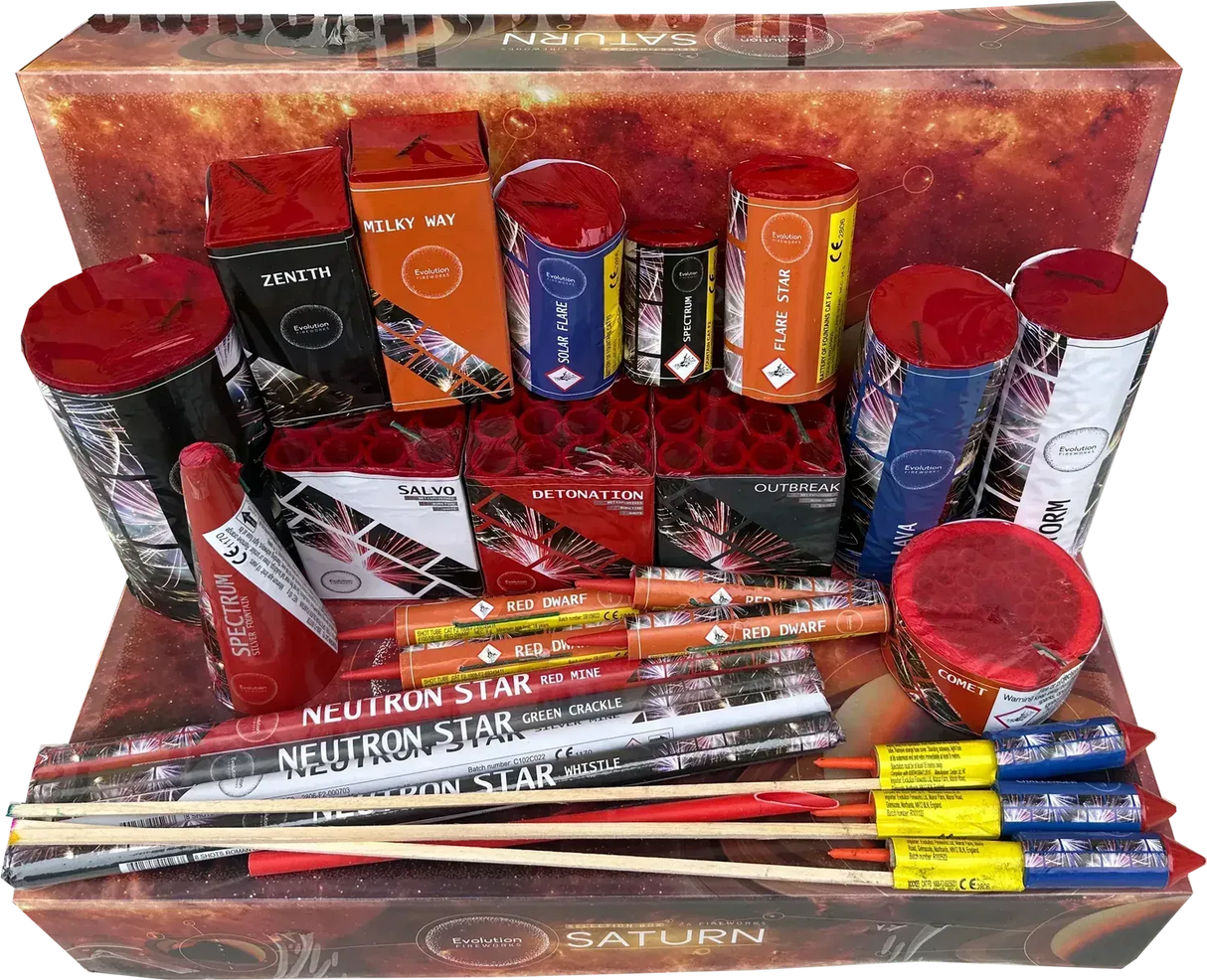 Saturn Box by Evolution Fireworks 20-piece selection featuring assorted rockets, fountains, cakes, and Roman candles for garden celebrations.