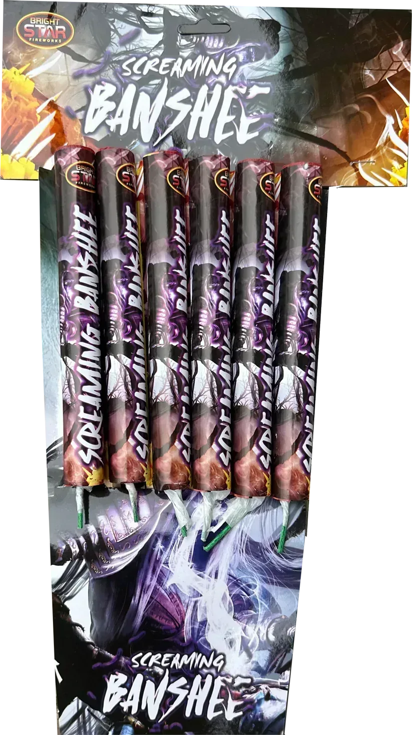 Pack of 6 Screaming Banshee rockets by Bright Star Fireworks.