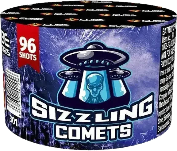 Sizzling Comets 96-shot cake firework by Cube Fireworks