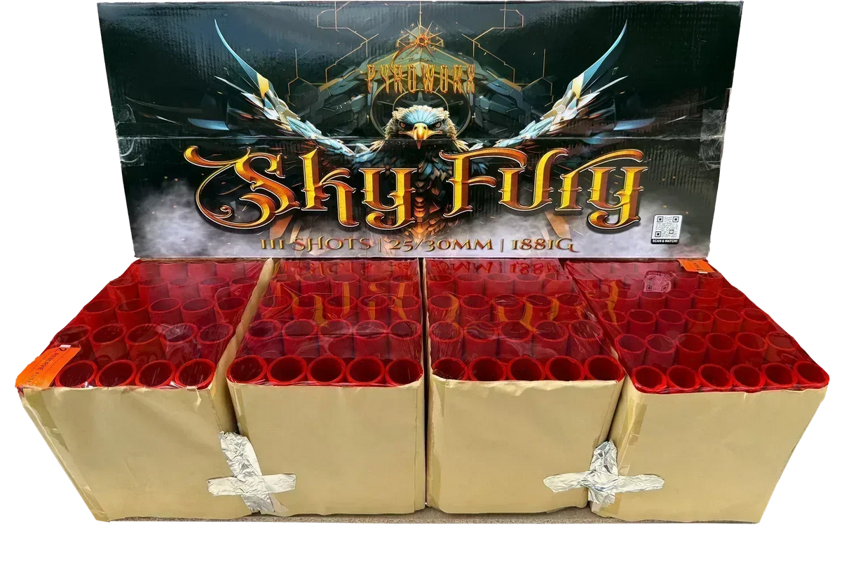 Sky Fury 111-shot fanned compound firework by Pyroworx
