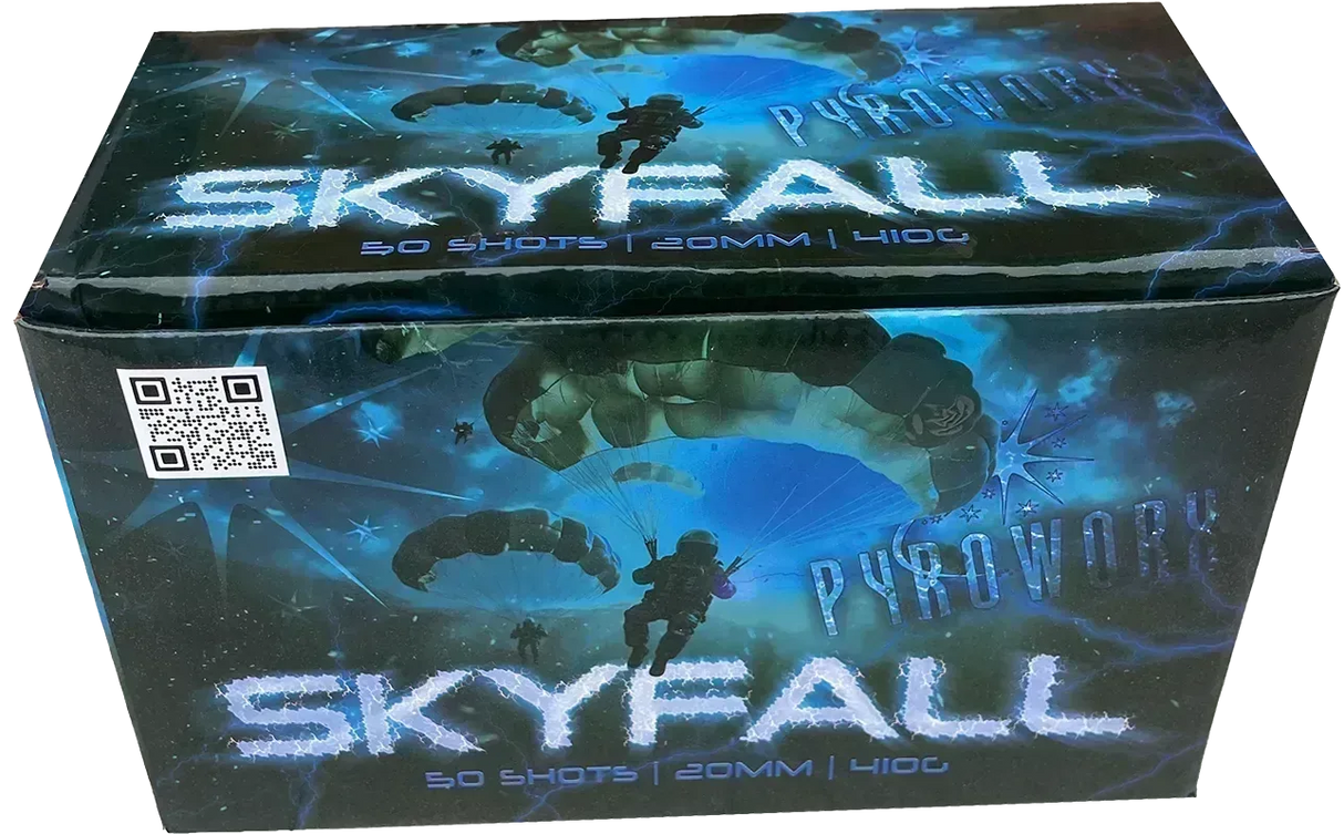 Skyfall 50 shot garden firework cake by Pyroworx in packaging.