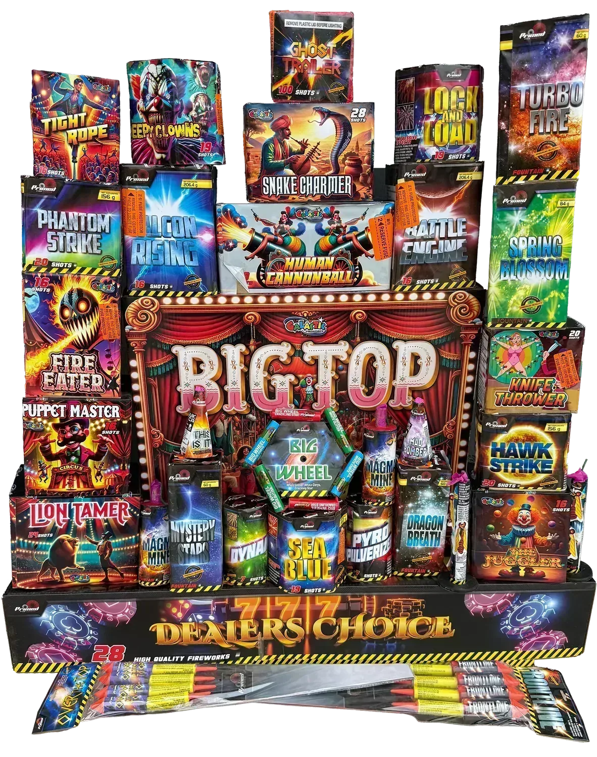 The Snake Charmer Pack containing 37 individual fireworks from Dealer's Choice and Big Top.