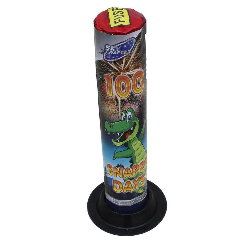 Snappy Days 100-shot colourful Roman candle by Sky Crafter with cartoon alligator design, ideal for garden fireworks celebrations.
