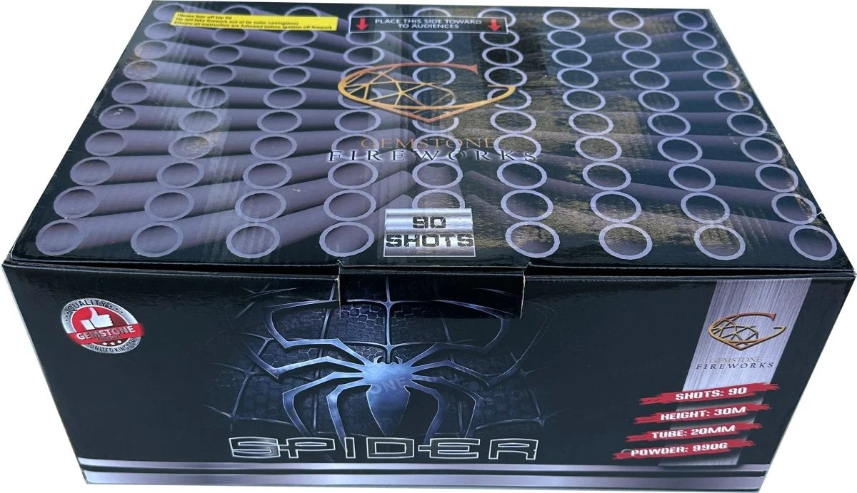 Spider 90-shot fanned low-noise F3 cake firework by Gemstone