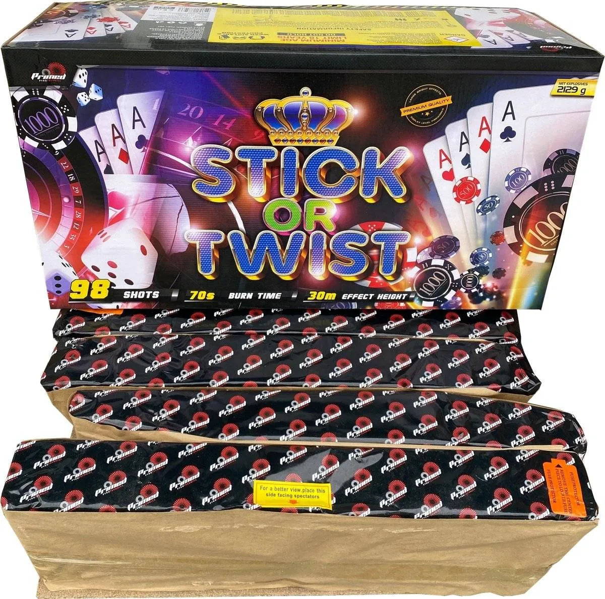Stick Or Twist 98 shot compound firework by Primed Pyrotechnics in packaging.
