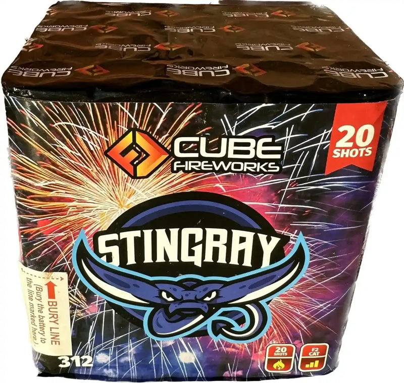 Stingray Firework by Cube Fireworks – 20-shot garden firework with colorful packaging featuring a blue stingray and vibrant burst graphics.