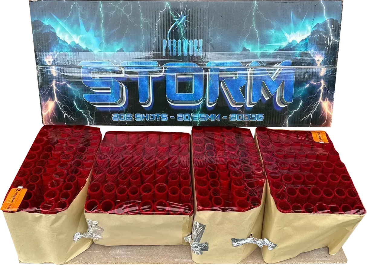 Storm 208 shot compound firework by Pyroworx in packaging.