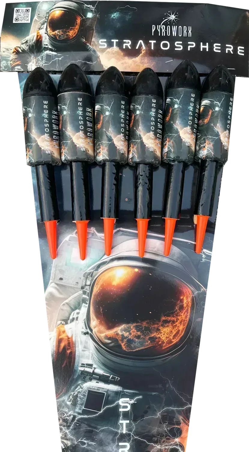 Pack of 6 Stratosphere rockets by Pyroworx in packaging.