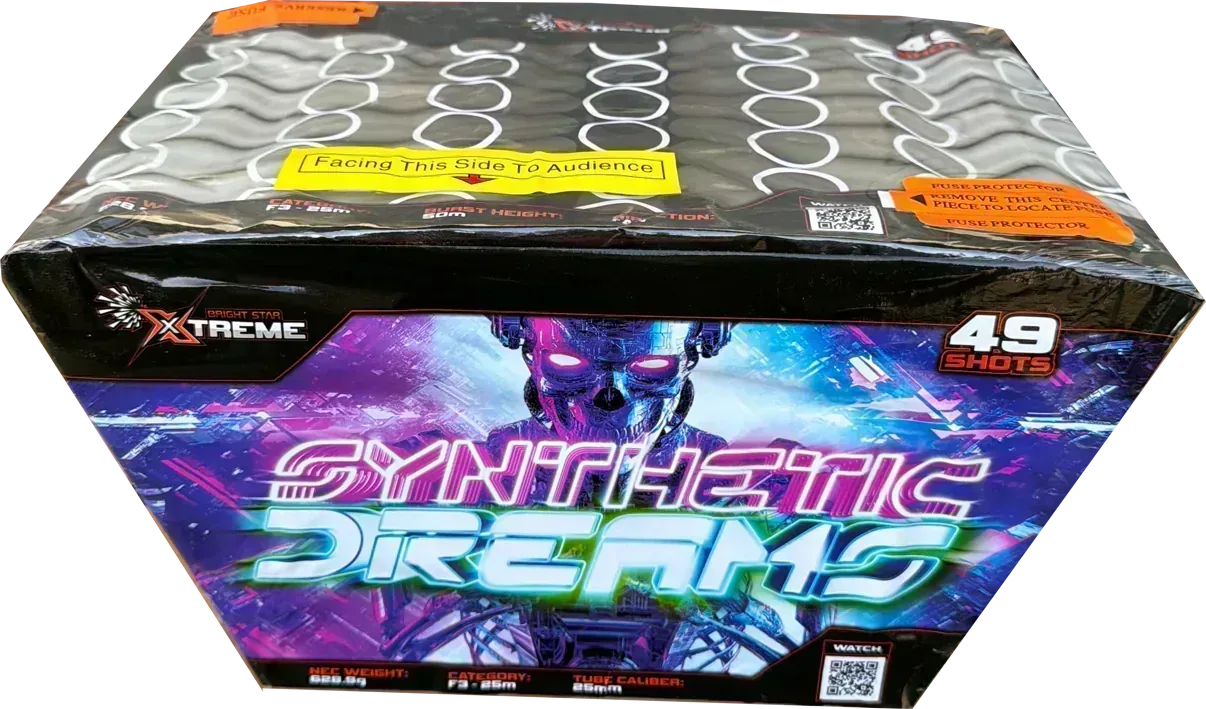 Synthetic Dreams 49 shot fanned cake by Xtreme Fireworks in packaging.