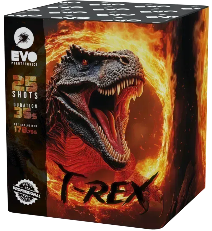 T Rex 25 shot garden firework cake by Evo Fireworks.