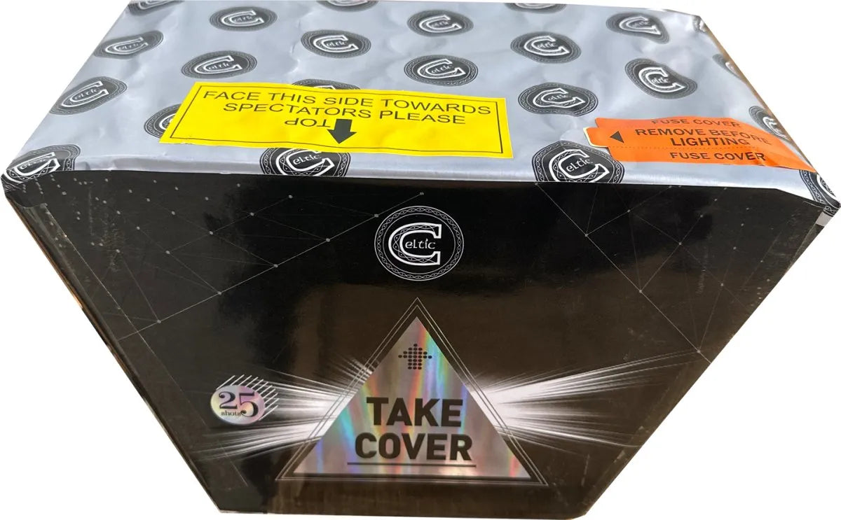Take Cover 25 shot fanned dump cake by Celtic Fireworks in packaging.