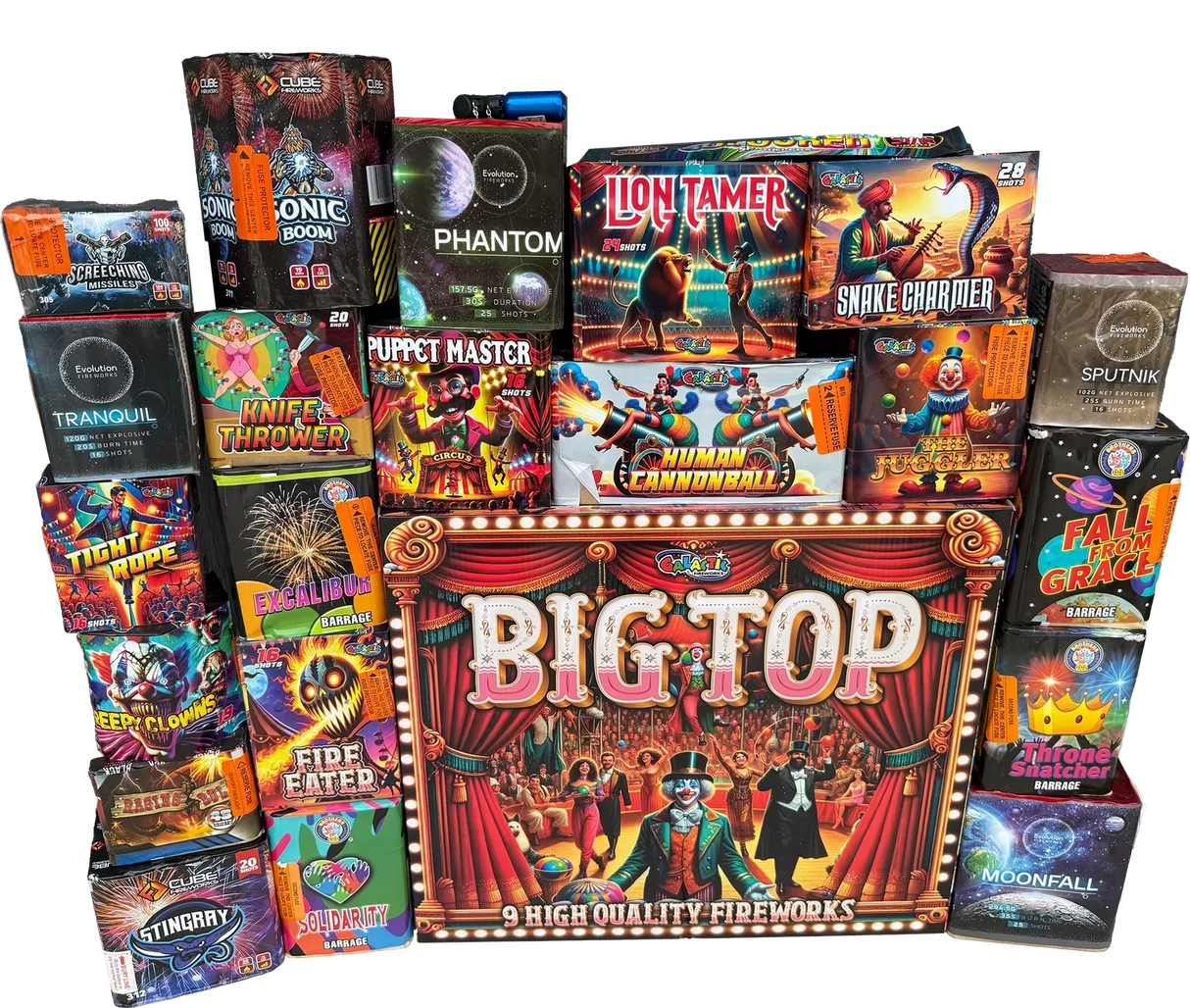 The Juggler Pack containing 21 individual fireworks from Big Top and Brothers Choice ranges.