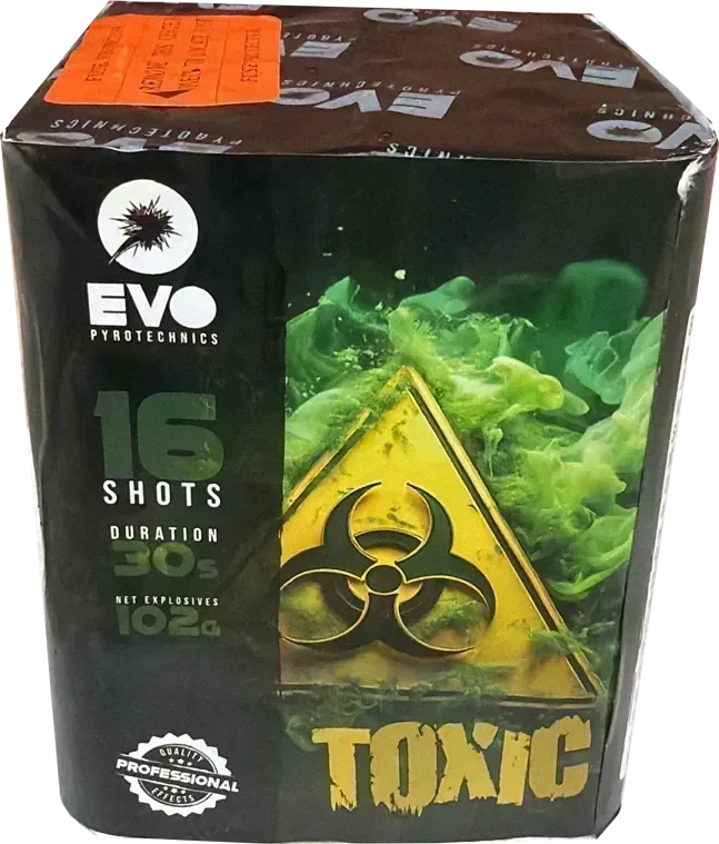 Toxic 16-shot F2 cake firework by Evolution