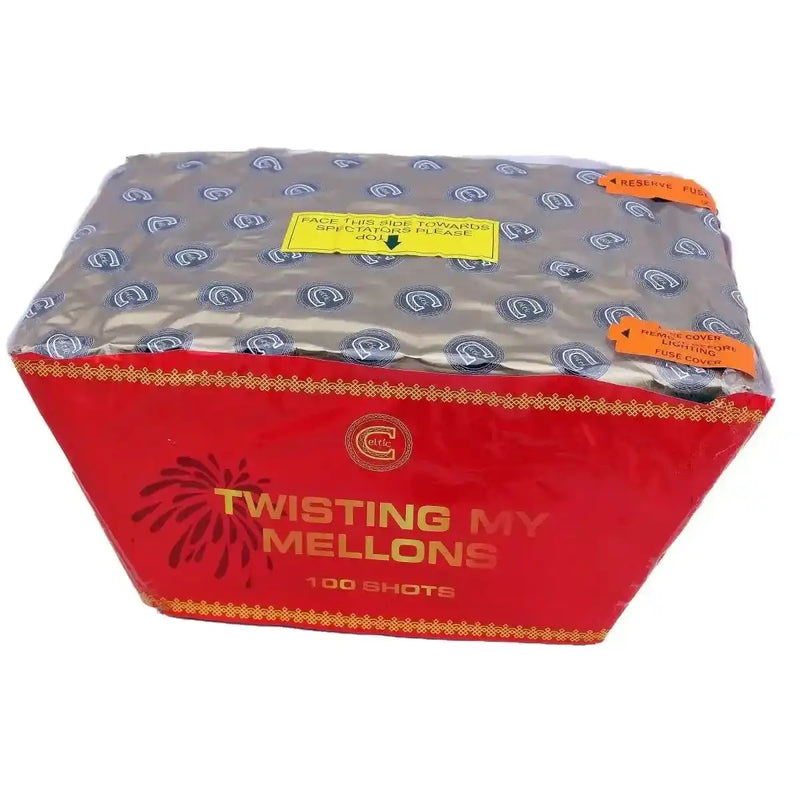 Twisting My Mellons 100-shot low-noise firework by Celtic in red packaging, ideal for family celebrations and party displays.