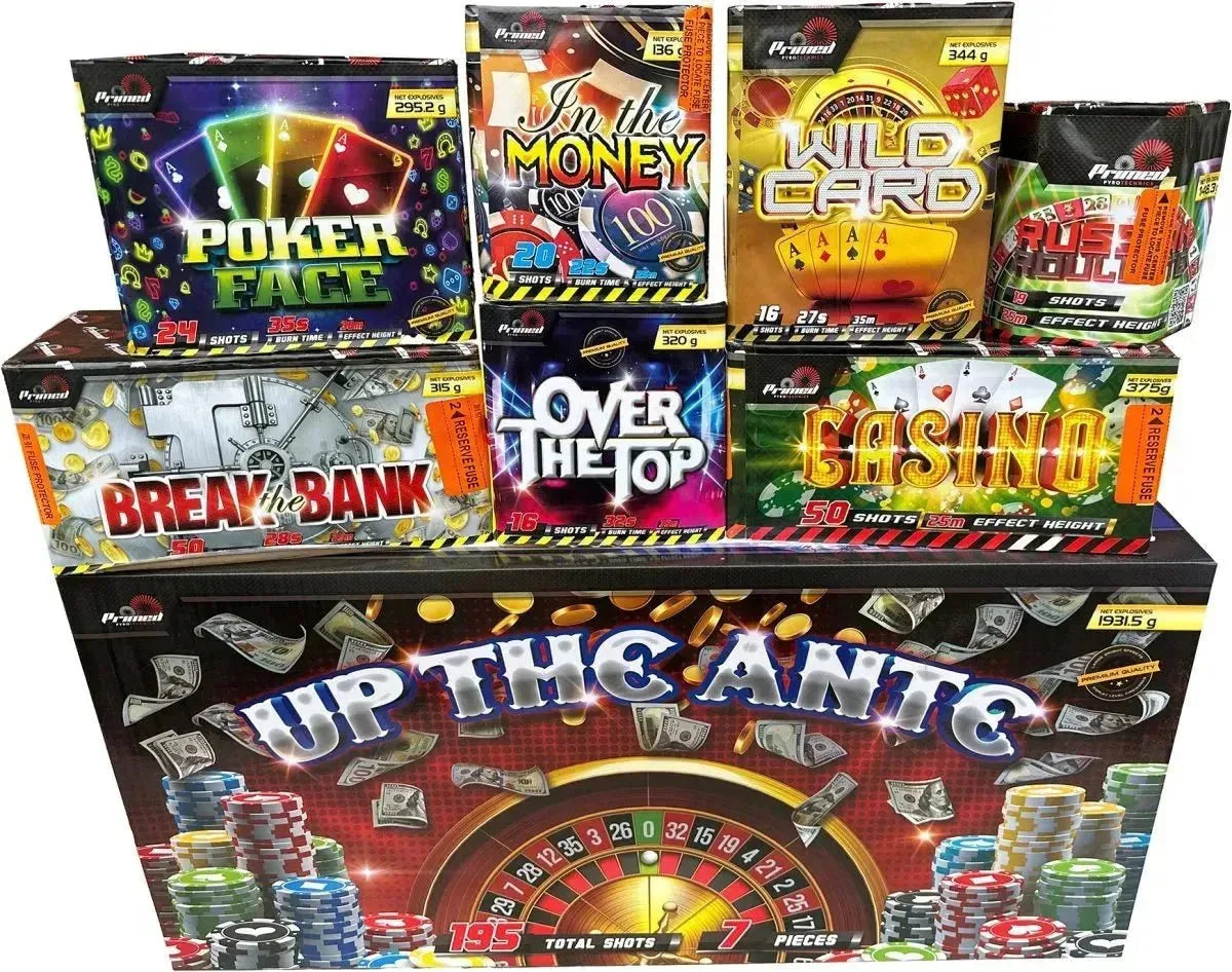 Up The Ante firework pack containing 7 multi-shot cakes by Primed Pyrotechnics.