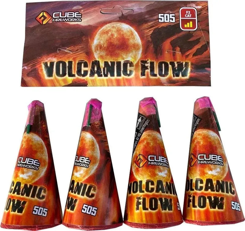 Volcanic Flow Fountain Pack by Cube Fireworks featuring four cone-shaped low-noise fireworks with fiery packaging, ideal for garden parties.