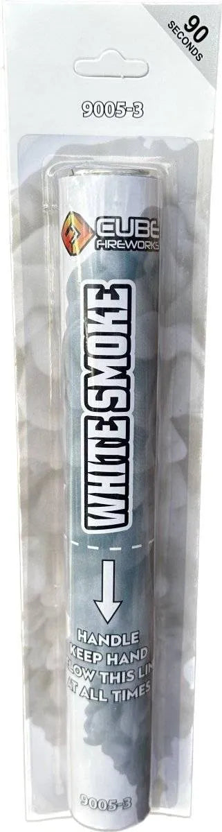 White Handheld Smoke Grenade by Cube Fireworks in retail packaging, labeled for 90 seconds of dense white smoke output.
