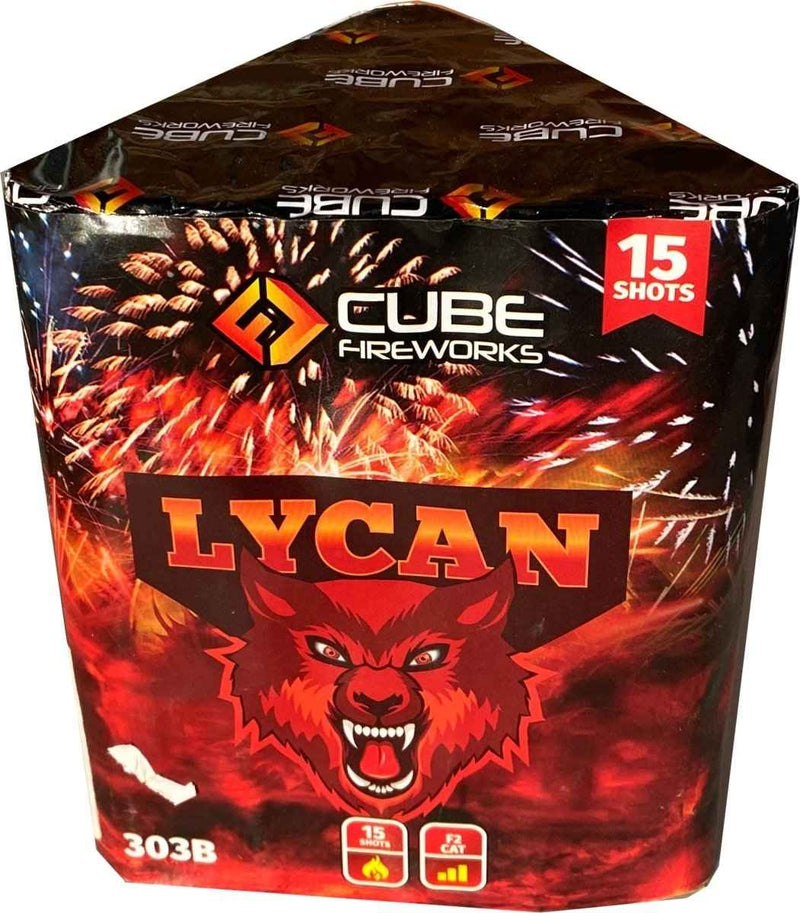 Lycan 15-shot F2 cake by Cube Fireworks UK with bold red werewolf design, ideal for garden firework displays and party celebrations.