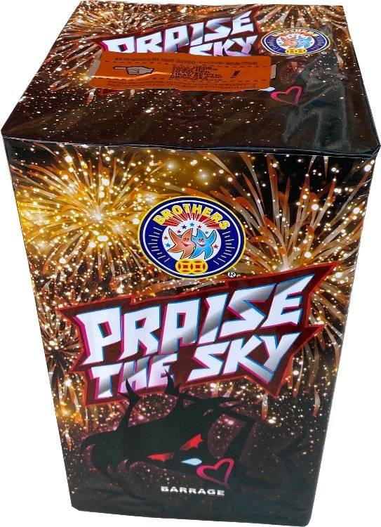 a box of fireworks with the words praise the sky on