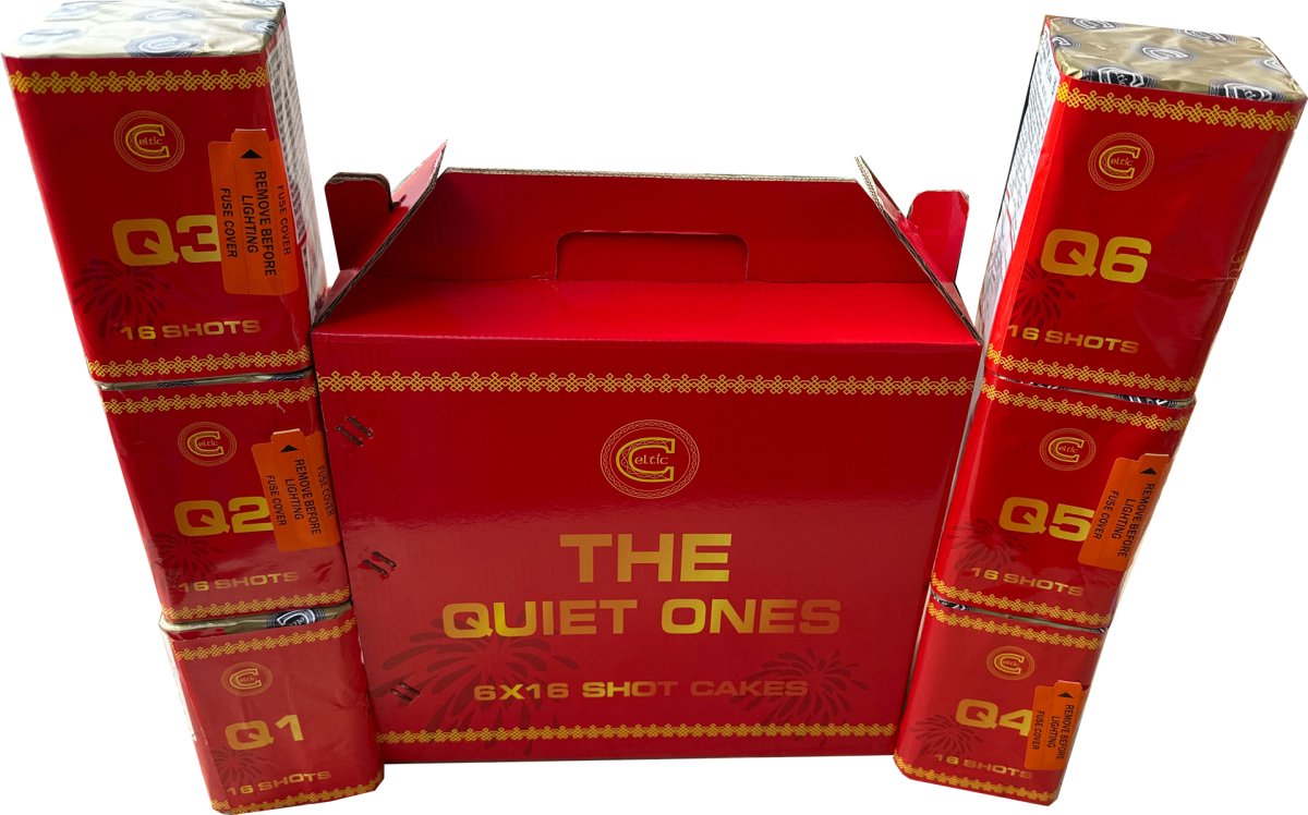 The Quiet Ones firework pack containing 6 low noise cakes by Celtic Fireworks.