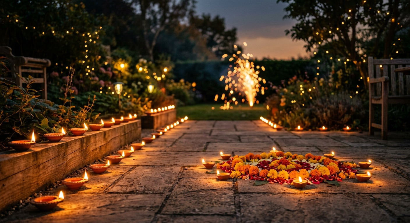 Diyas and marigold rangoli lit on a UK garden patio at dusk for Diwali, with a low noise gold firework fountain in the background