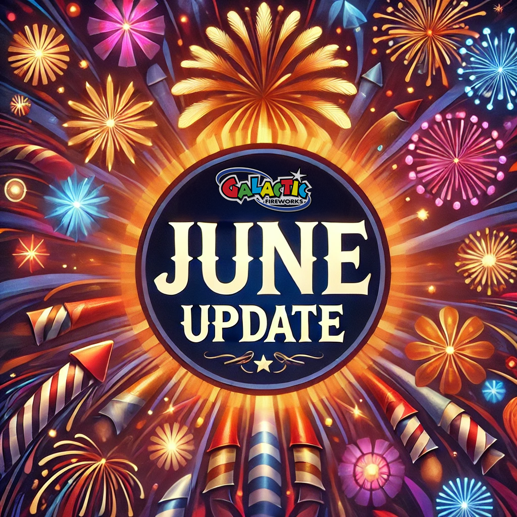 Festive fireworks with "June Update" and subtle Galactic Fireworks logo on a vibrant summer background.