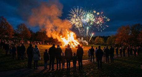 Families gathered around a glowing bonfire watching fireworks light up the night sky on Bonfire Night