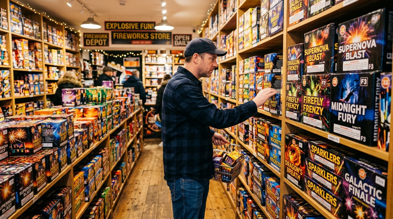 Customer browsing fireworks on shelves in a specialist firework shop - fireworks buying guide UK