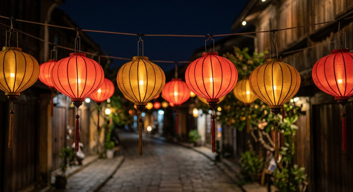 Red Chinese New Year lanterns strung overhead against a night sky