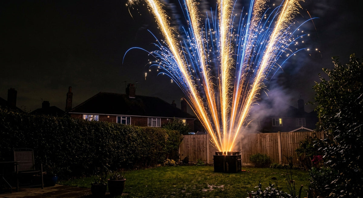 A large compound firework firing multiple columns of gold and blue comets from one linked unit in a British back garden at night