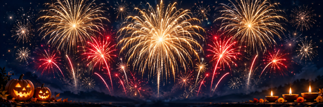 Seasonal illustration: fireworks between Halloween pumpkins and Diwali lamps