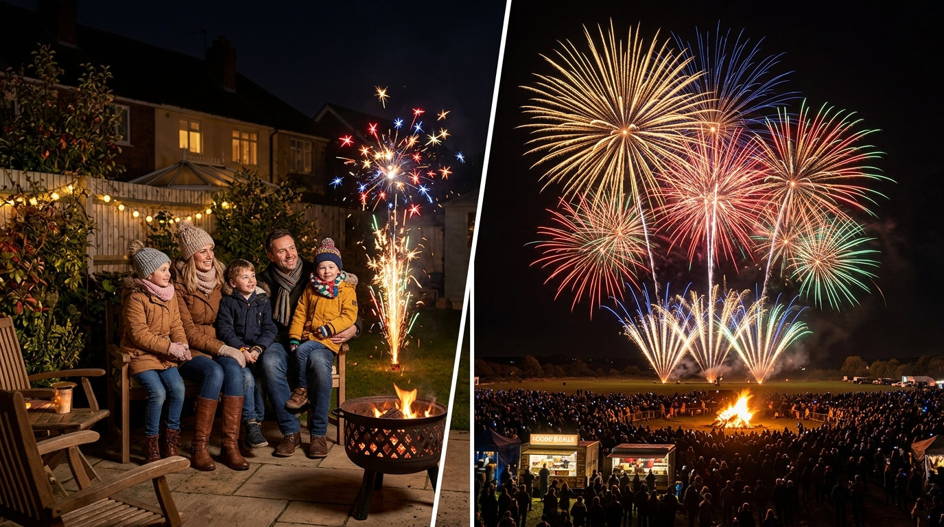 F2 vs F3 fireworks comparison — cosy garden display on the left, large open field display on the right