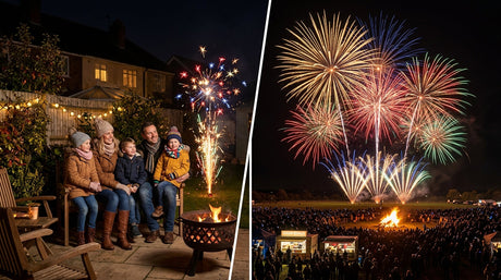 F2 vs F3 fireworks comparison — cosy garden display on the left, large open field display on the right
