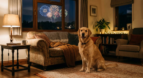 A calm golden retriever in a cosy living room with fireworks visible through the window