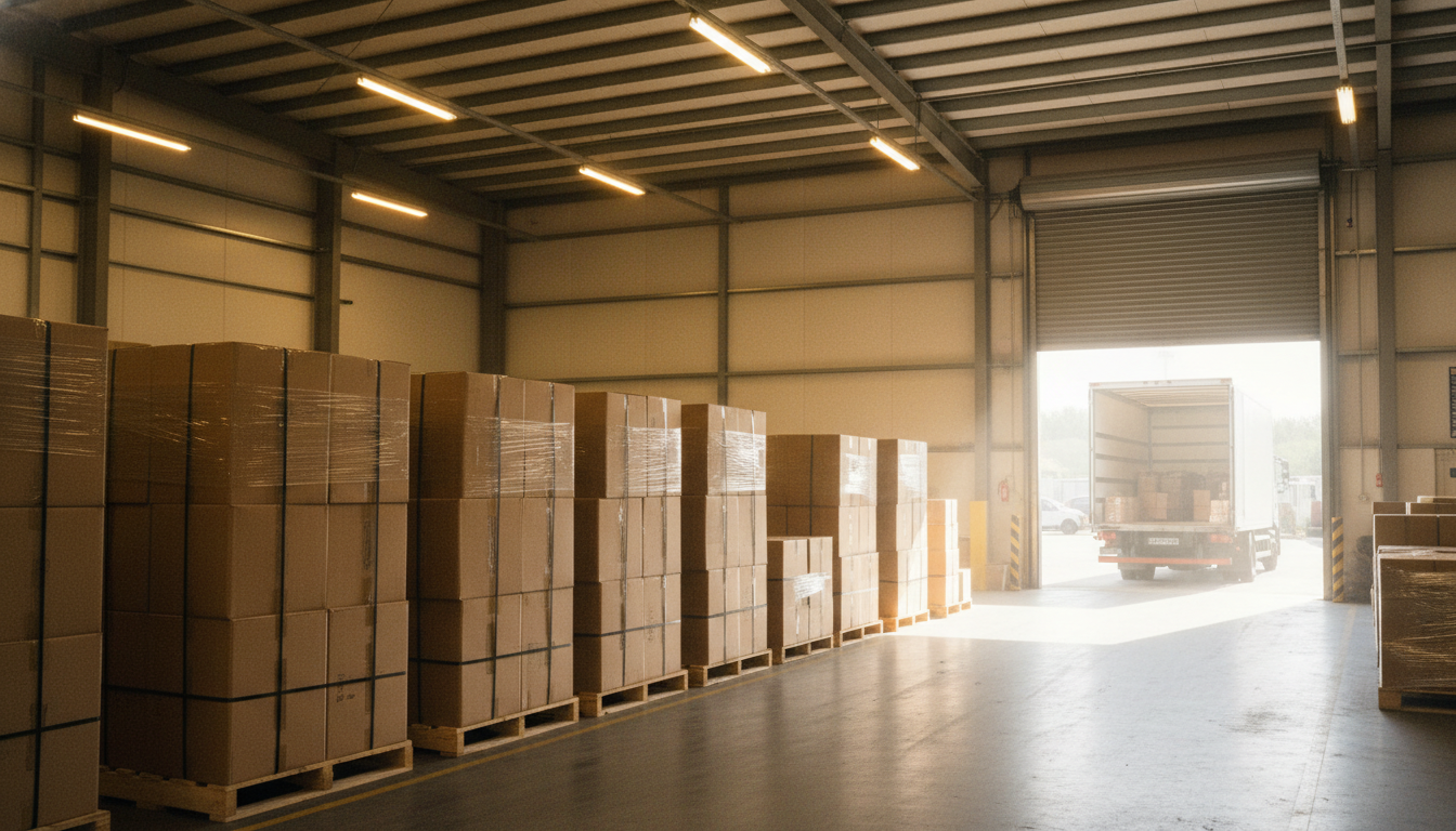 Inside the Galactic Fireworks warehouse — sealed pallets stacked, daylight from the open door, May 2026