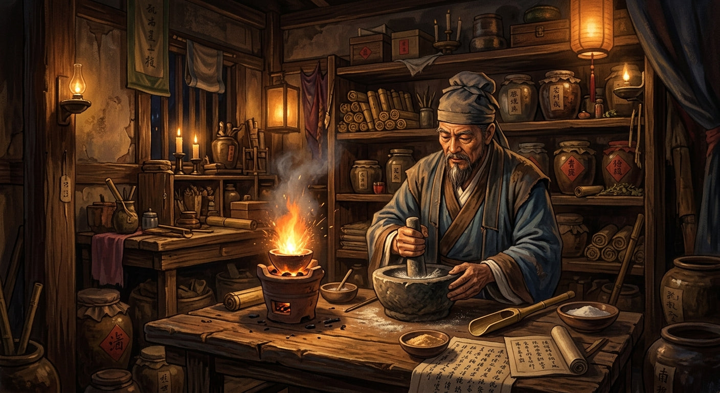 A Tang dynasty Chinese alchemist grinding saltpetre in a candlelit workshop as a crucible flares, the accidental discovery of gunpowder