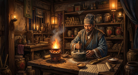 A Tang dynasty Chinese alchemist grinding saltpetre in a candlelit workshop as a crucible flares, the accidental discovery of gunpowder