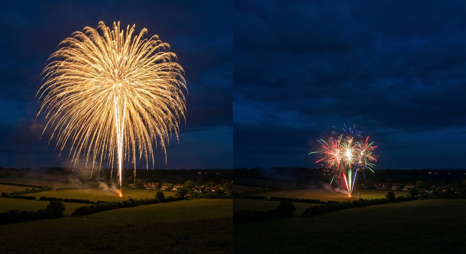 1.3G vs 1.4G fireworks comparison showing dramatic difference in power and effects