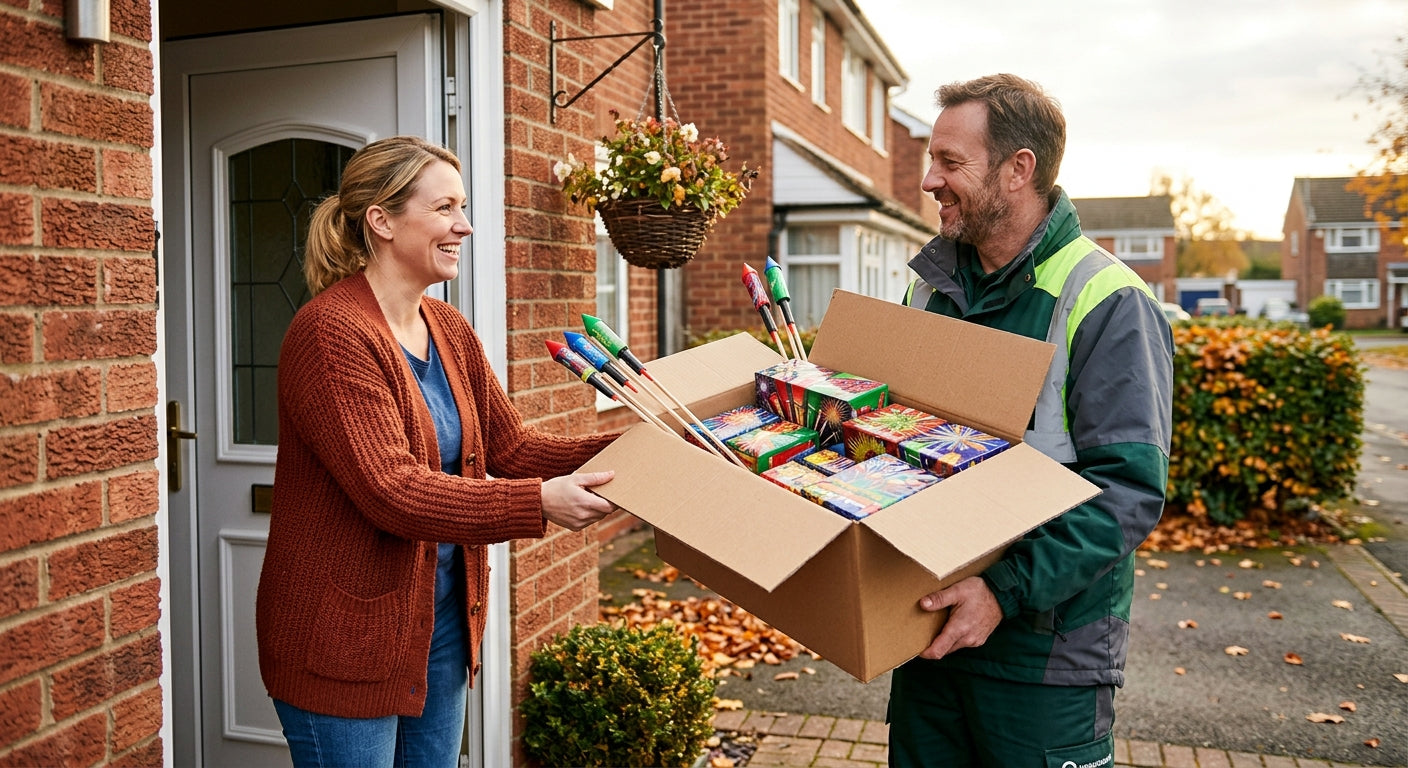 Courier handing over a box of colourful fireworks to a customer at a UK front door