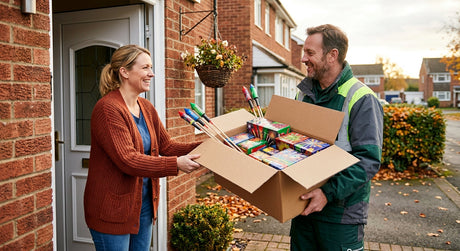 Courier handing over a box of colourful fireworks to a customer at a UK front door