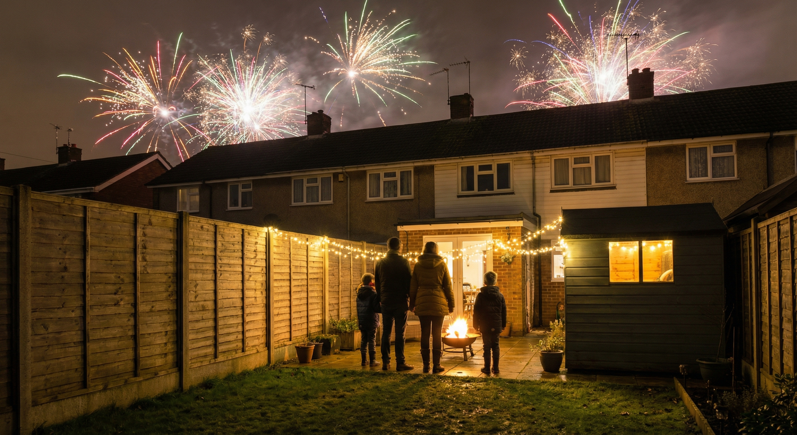 Colourful fireworks display in a British back garden with family watching