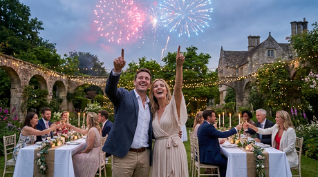 Pink and blue gender reveal fireworks at British garden party
