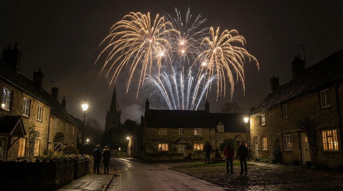 Quiet low noise fireworks with golden willows over peaceful neighbourhood
