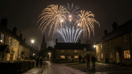 Quiet low noise fireworks with golden willows over peaceful neighbourhood