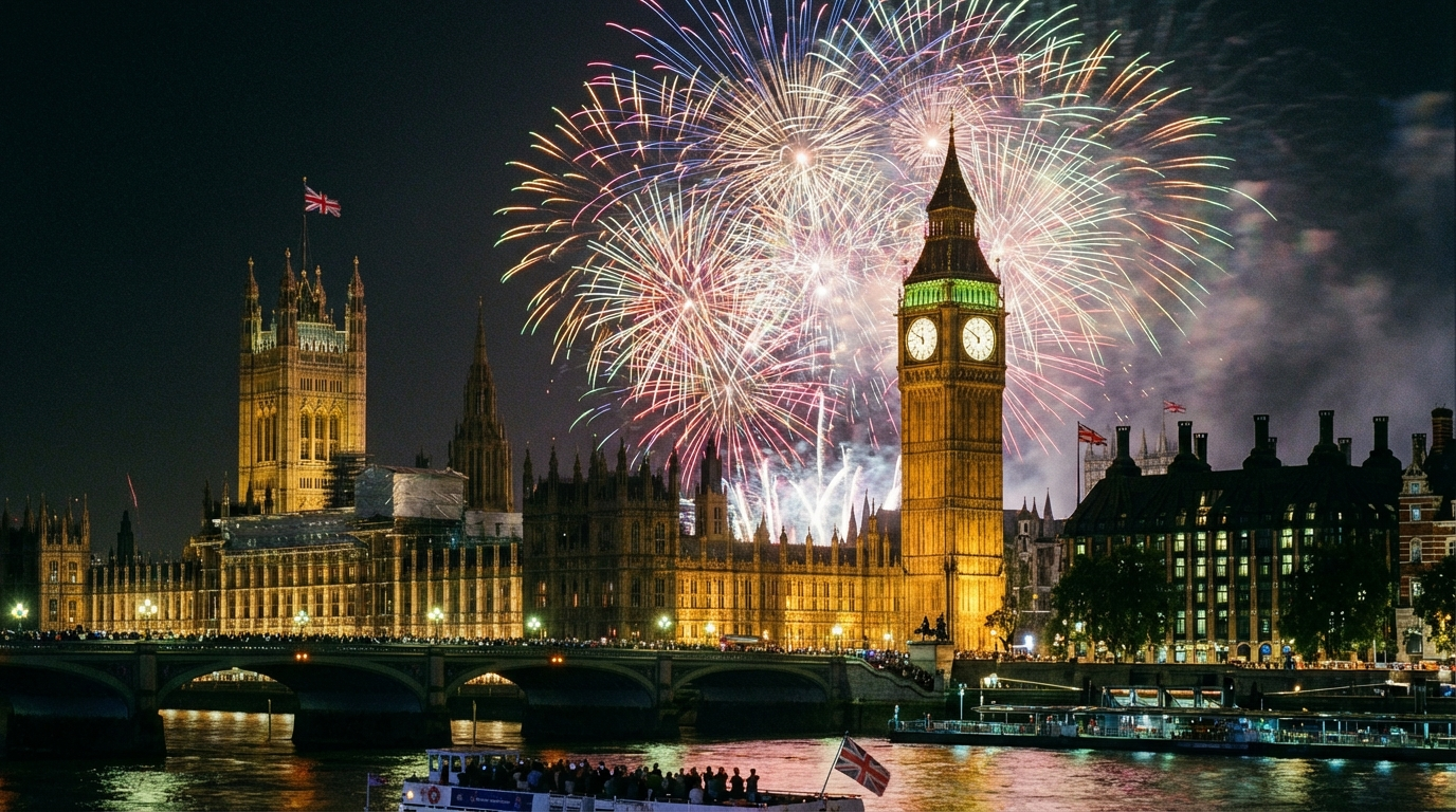 Fireworks over UK Parliament celebrating no fireworks ban