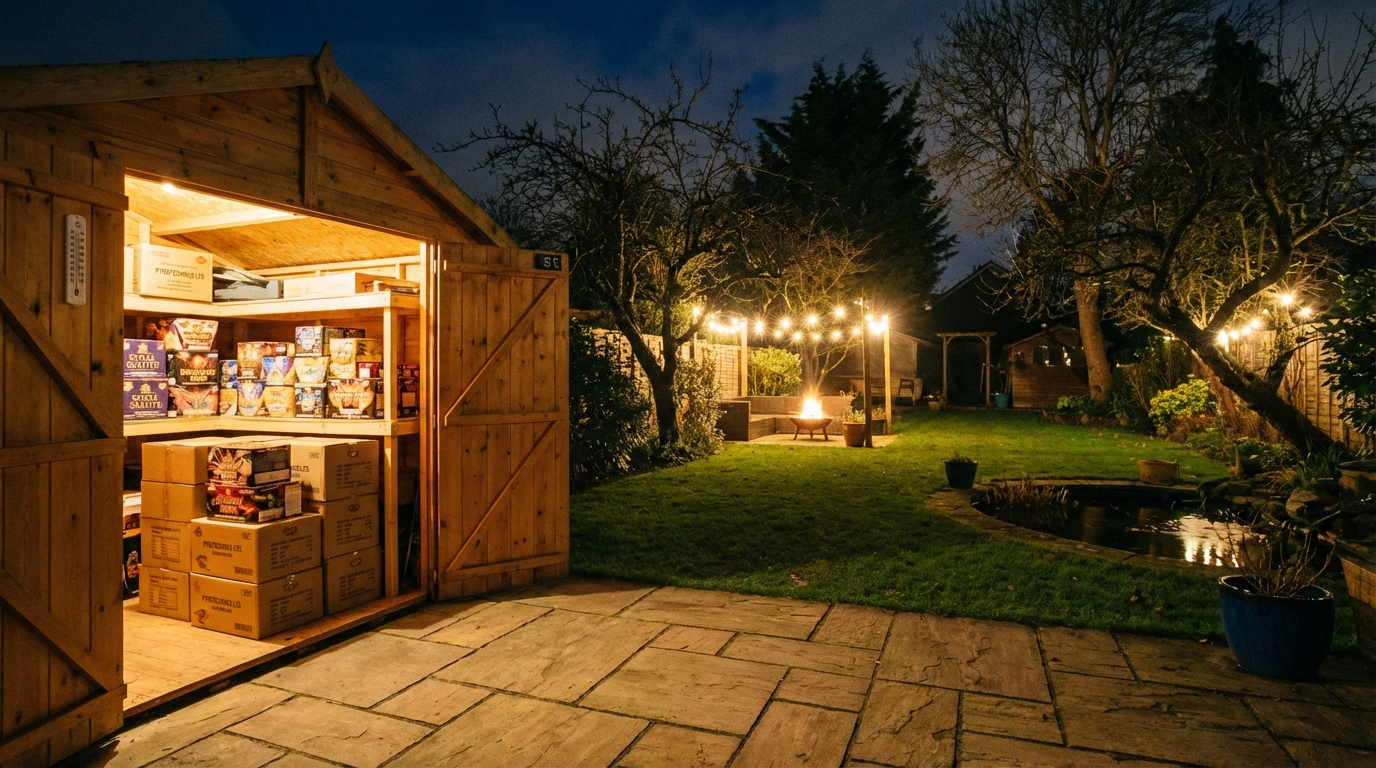 Firework storage boxes in a British garden shed at night