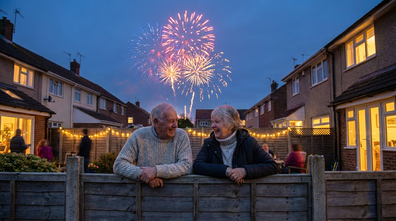 British neighbours chatting over fence with fireworks in background