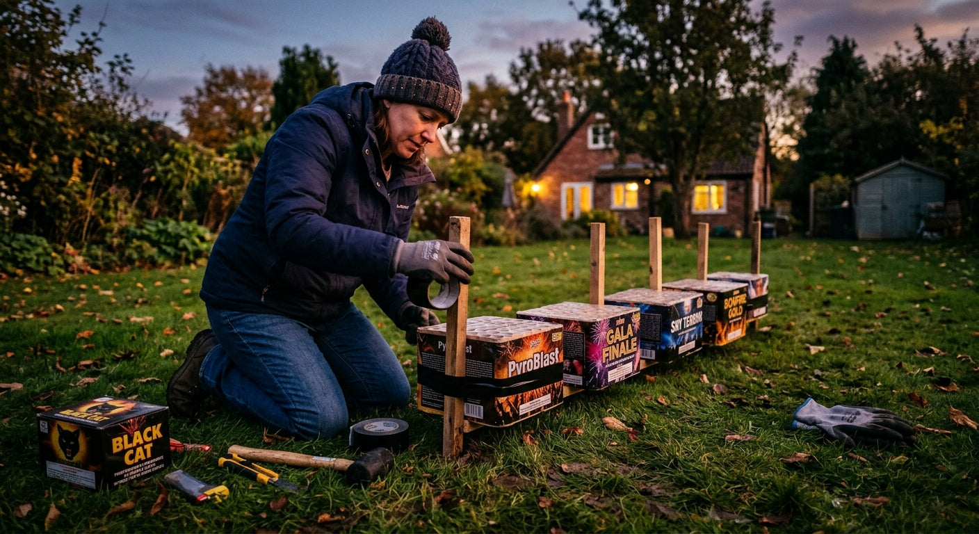 How to plan a fireworks display at home - person preparing firework cakes for a garden display